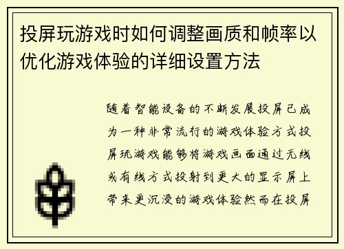 投屏玩游戏时如何调整画质和帧率以优化游戏体验的详细设置方法